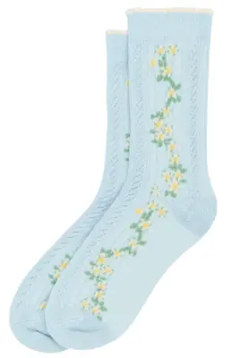 Minipop bambusstrømper mønstret, Clear Sky - lyseblå m blomster