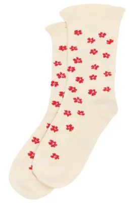 Minipop bambusstrømper frill, offwhite med røde blomster