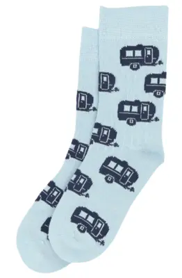Minipop bambusstrømper motiv, lyseblå med campingvogn