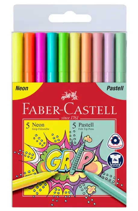 Faber-Castell grip tusser, 10 stk pastel og neon