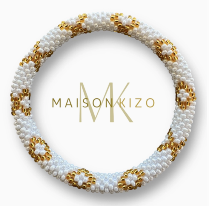 Maison Kizo Nepal armbånd af glasperler, #01 hvidt og guld