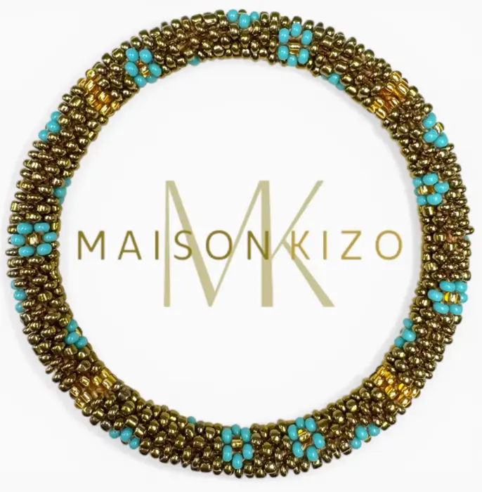 Maison Kizo Nepal armbånd af glasperler, #02 gyldent og tyrkis