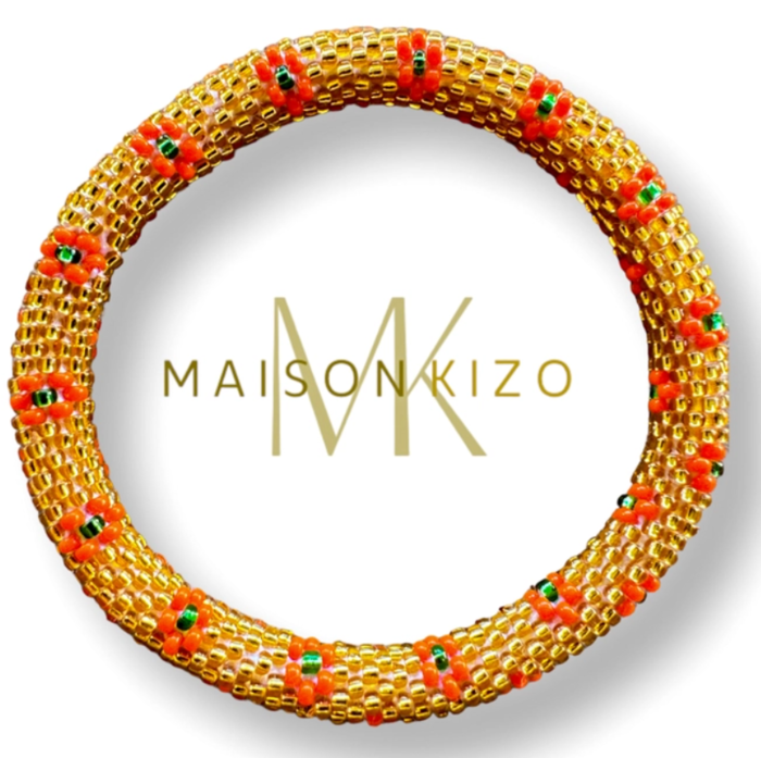 Maison Kizo Nepal armbånd af glasperler, #08 gylden m orange blomst