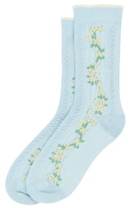 Minipop bambusstrømper mønstret, Clear Sky - lyseblå m blomster