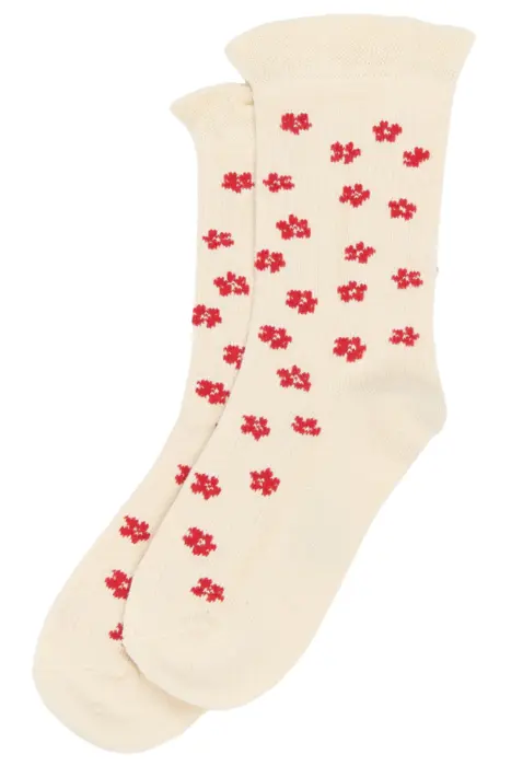 Minipop bambusstrømper frill, offwhite med røde blomster