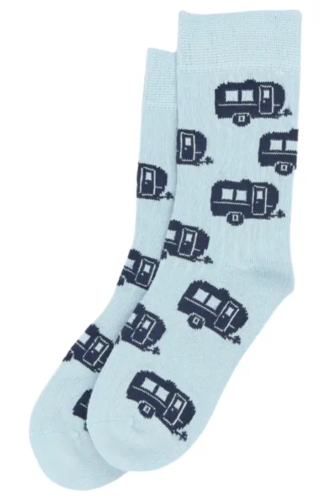 Minipop bambusstrømper motiv, lyseblå med campingvogn